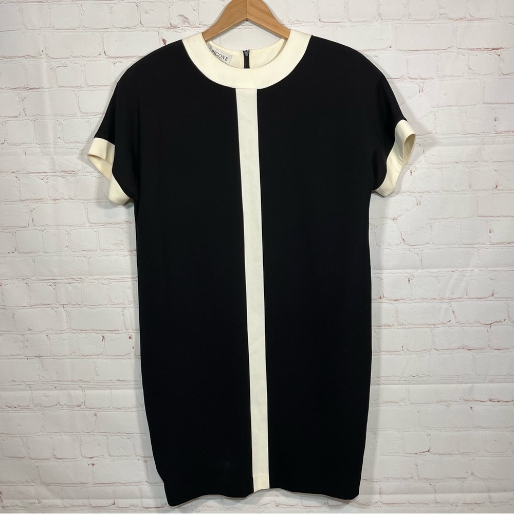 Vintage Evan Picone Dress Womens 8 Black Short Sleeve Shoulder Pads Midi Lined